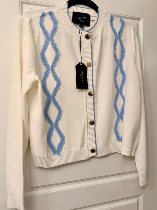 Aleeza Paris Sweaters - Aleeza Paris Cardigan with Light Blue Cable Detail - Fits an XL
